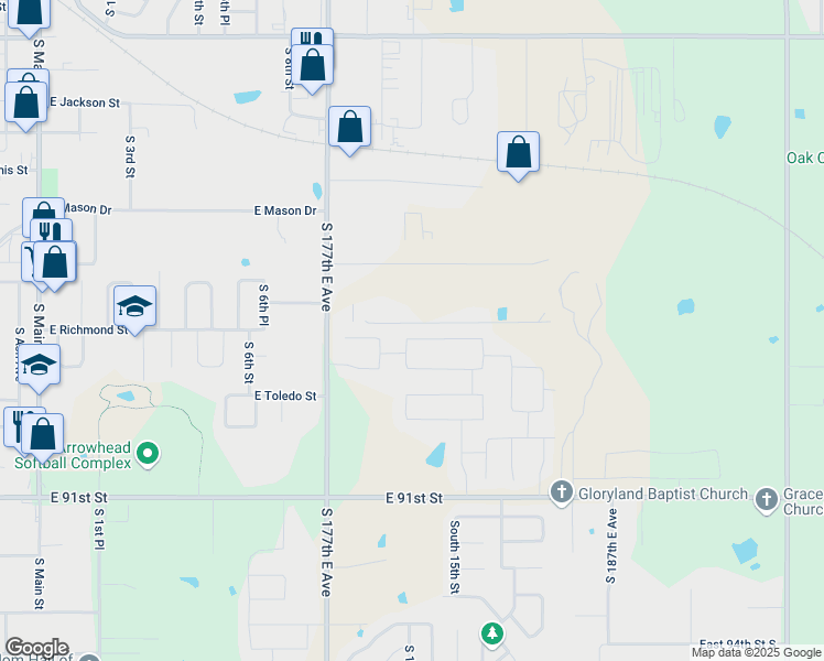 map of restaurants, bars, coffee shops, grocery stores, and more near 1200 East Quincy Street in Broken Arrow