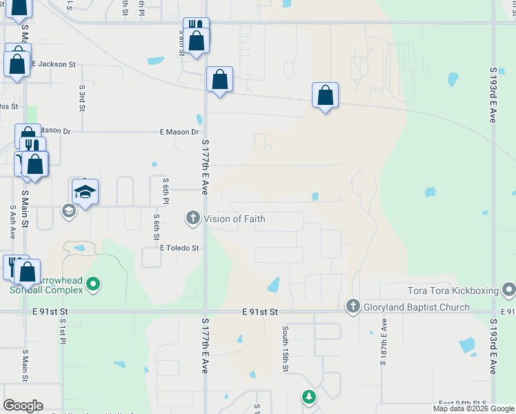 map of restaurants, bars, coffee shops, grocery stores, and more near 1200 East Quincy Street in Broken Arrow
