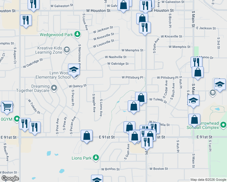 map of restaurants, bars, coffee shops, grocery stores, and more near 1012 West San Antonio Street in Broken Arrow