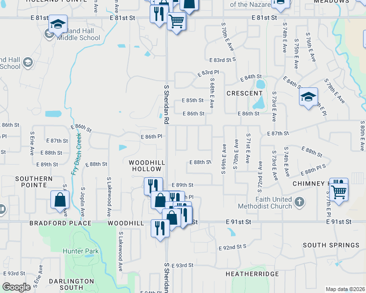 map of restaurants, bars, coffee shops, grocery stores, and more near 8628 South 66th East Avenue in Tulsa