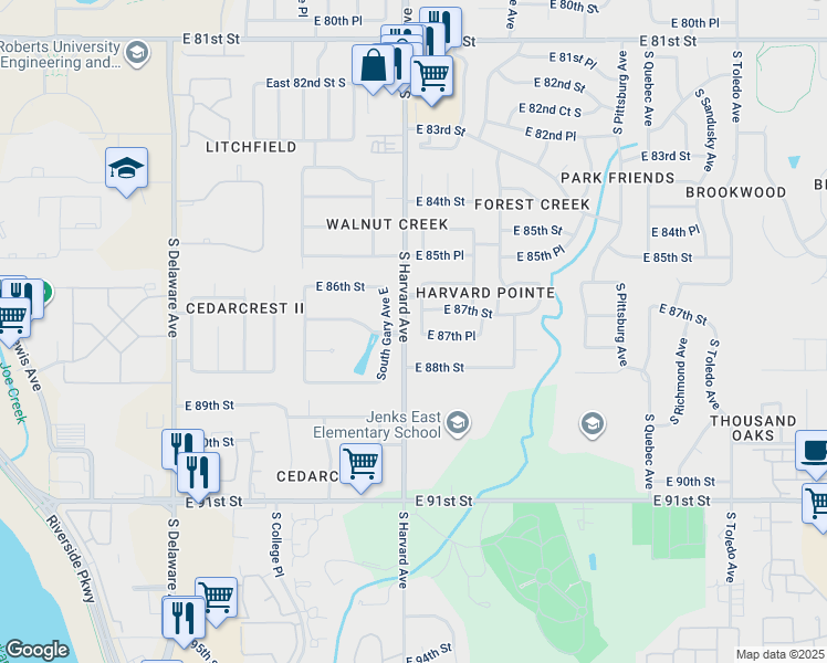 map of restaurants, bars, coffee shops, grocery stores, and more near 8633 South Gary Avenue in Tulsa