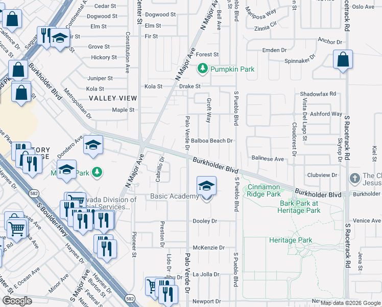map of restaurants, bars, coffee shops, grocery stores, and more near 742 Palo Verde Drive in Henderson