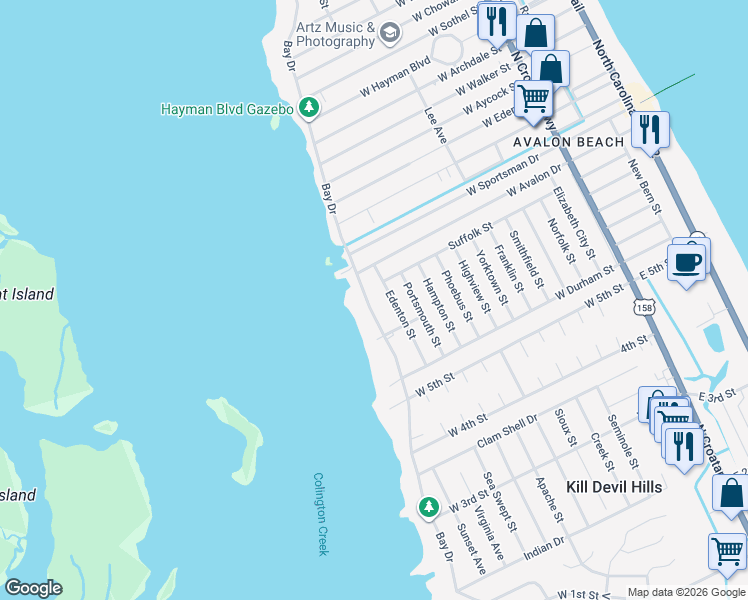 map of restaurants, bars, coffee shops, grocery stores, and more near 2054 Bay Drive in Kill Devil Hills