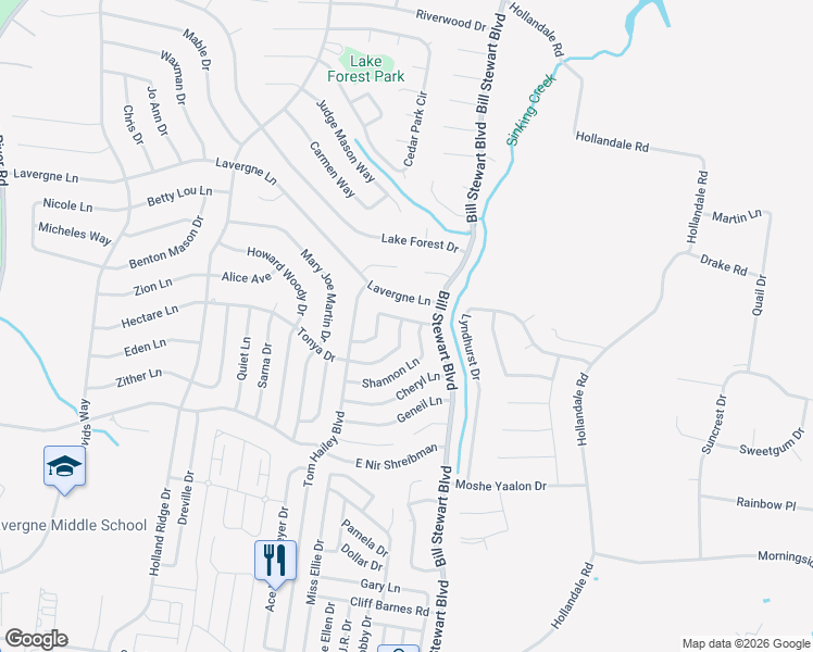 map of restaurants, bars, coffee shops, grocery stores, and more near 1104 Phelissa Drive in La Vergne