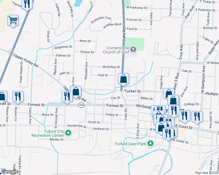 map of restaurants, bars, coffee shops, grocery stores, and more near 725 Byars Street in Dyersburg