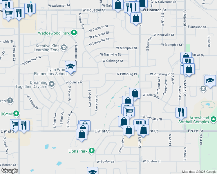 map of restaurants, bars, coffee shops, grocery stores, and more near 1012 West San Antonio Street in Broken Arrow