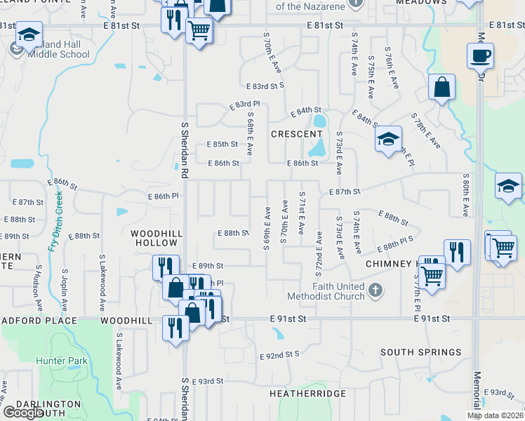 map of restaurants, bars, coffee shops, grocery stores, and more near 8710 South 69th East Avenue in Tulsa
