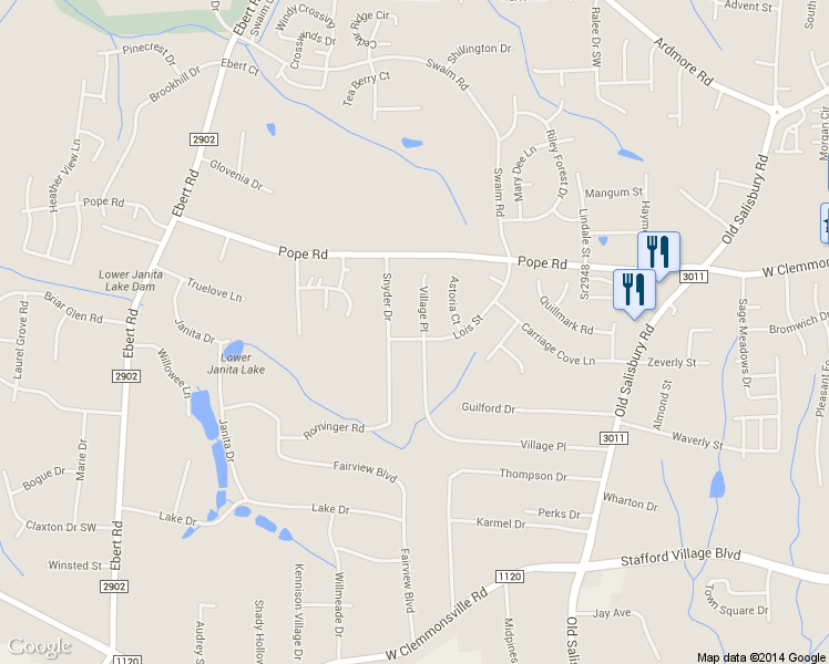 map of restaurants, bars, coffee shops, grocery stores, and more near 4036 Village Place in Winston-Salem