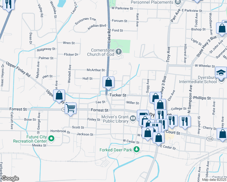 map of restaurants, bars, coffee shops, grocery stores, and more near 410 North Fowlkes Avenue in Dyersburg