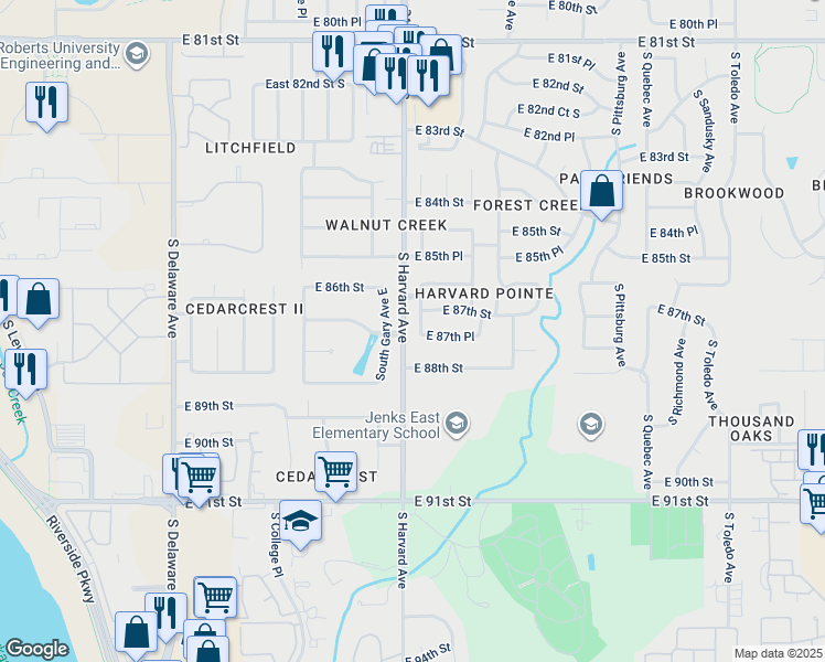 map of restaurants, bars, coffee shops, grocery stores, and more near 8633 South Gary Avenue in Tulsa