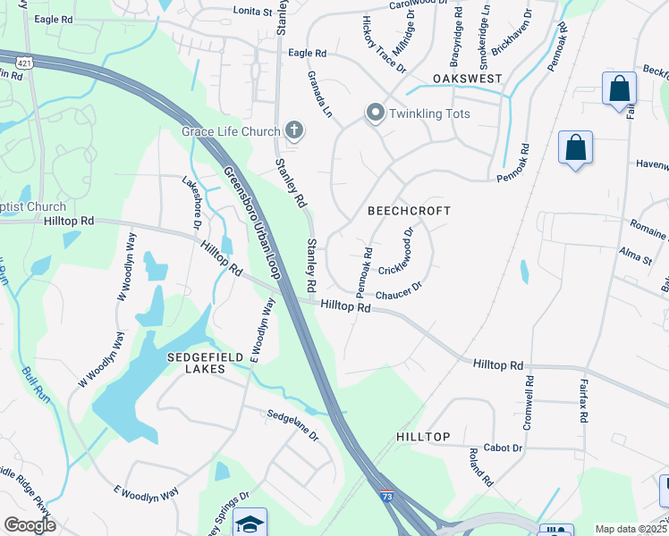 map of restaurants, bars, coffee shops, grocery stores, and more near 4919 Chaucer Drive in Greensboro