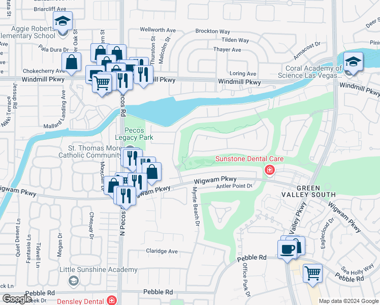map of restaurants, bars, coffee shops, grocery stores, and more near 2498 Ram Crossing Way in Henderson