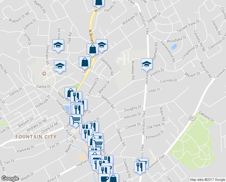 map of restaurants, bars, coffee shops, grocery stores, and more near 3105 Essary Drive in Knoxville
