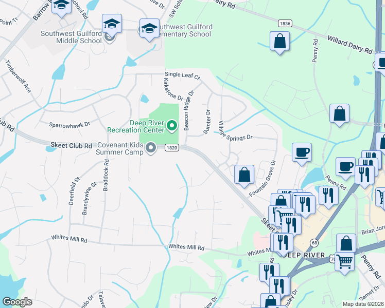 map of restaurants, bars, coffee shops, grocery stores, and more near 1533 Skeet Club Road in High Point