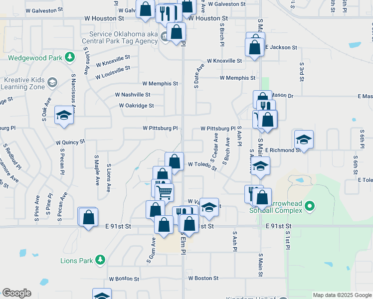 map of restaurants, bars, coffee shops, grocery stores, and more near 522 West Richmond Street in Broken Arrow