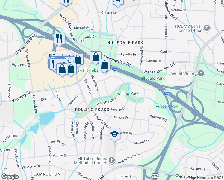 map of restaurants, bars, coffee shops, grocery stores, and more near 2212 Cheltenham Boulevard in Greensboro