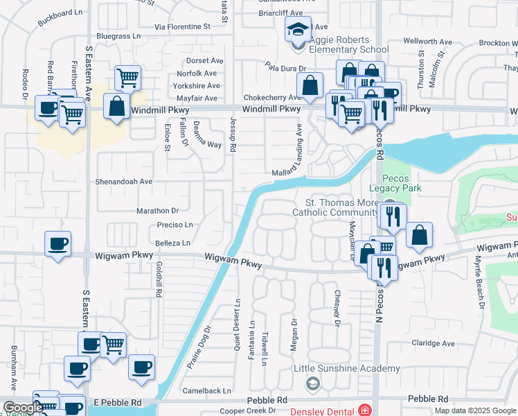 map of restaurants, bars, coffee shops, grocery stores, and more near 165 Coventry Drive in Henderson