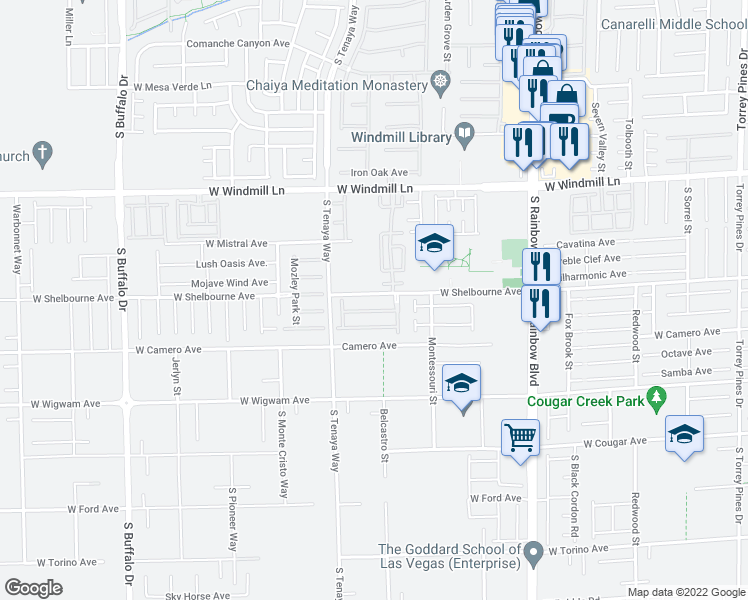 map of restaurants, bars, coffee shops, grocery stores, and more near 7249 West Shelbourne Avenue in Las Vegas