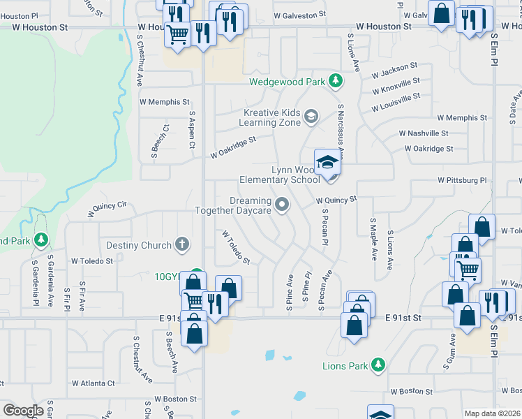 map of restaurants, bars, coffee shops, grocery stores, and more near 1634 South Redbud Avenue in Broken Arrow