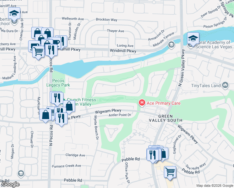 map of restaurants, bars, coffee shops, grocery stores, and more near 2442 Ping Drive in Henderson
