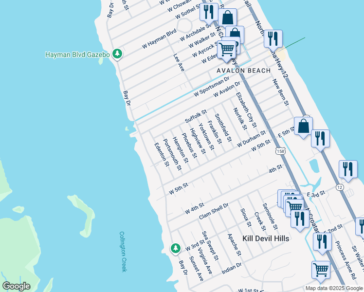 map of restaurants, bars, coffee shops, grocery stores, and more near 2032 Hampton Street in Kill Devil Hills