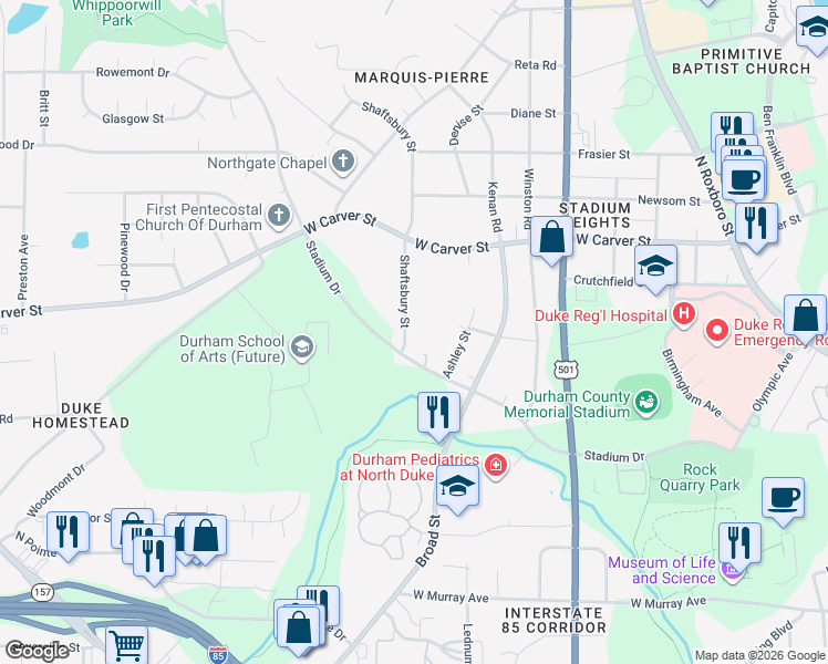 map of restaurants, bars, coffee shops, grocery stores, and more near 2718 Shaftsbury Street in Durham