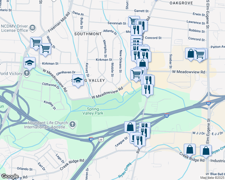 map of restaurants, bars, coffee shops, grocery stores, and more near 602 West Meadowview Road in Greensboro
