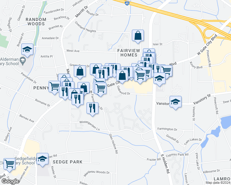 map of restaurants, bars, coffee shops, grocery stores, and more near 3815 West Gate City Boulevard in Greensboro