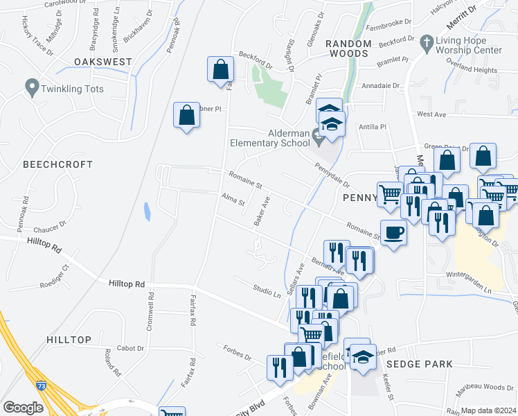 map of restaurants, bars, coffee shops, grocery stores, and more near 4310 Baker Avenue in Greensboro