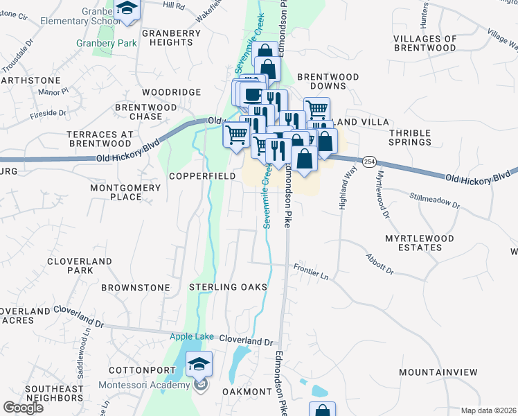 map of restaurants, bars, coffee shops, grocery stores, and more near 225 Brushy Creek Lane in Nashville