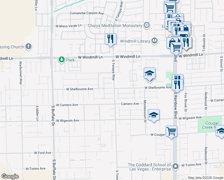 map of restaurants, bars, coffee shops, grocery stores, and more near 7365 West Shelbourne Avenue in Las Vegas