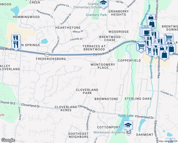 map of restaurants, bars, coffee shops, grocery stores, and more near 1008 Grove Court in Brentwood
