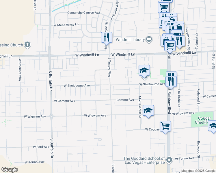 map of restaurants, bars, coffee shops, grocery stores, and more near 7365 West Shelbourne Avenue in Las Vegas