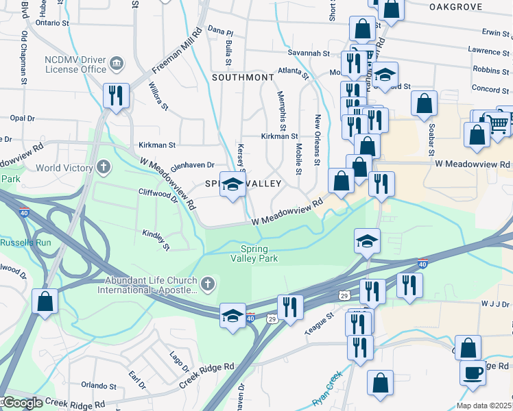 map of restaurants, bars, coffee shops, grocery stores, and more near 2507 Kersey Street in Greensboro