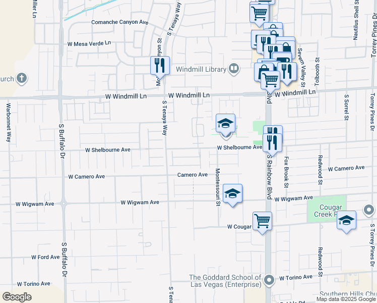 map of restaurants, bars, coffee shops, grocery stores, and more near 7249 West Shelbourne Avenue in Las Vegas