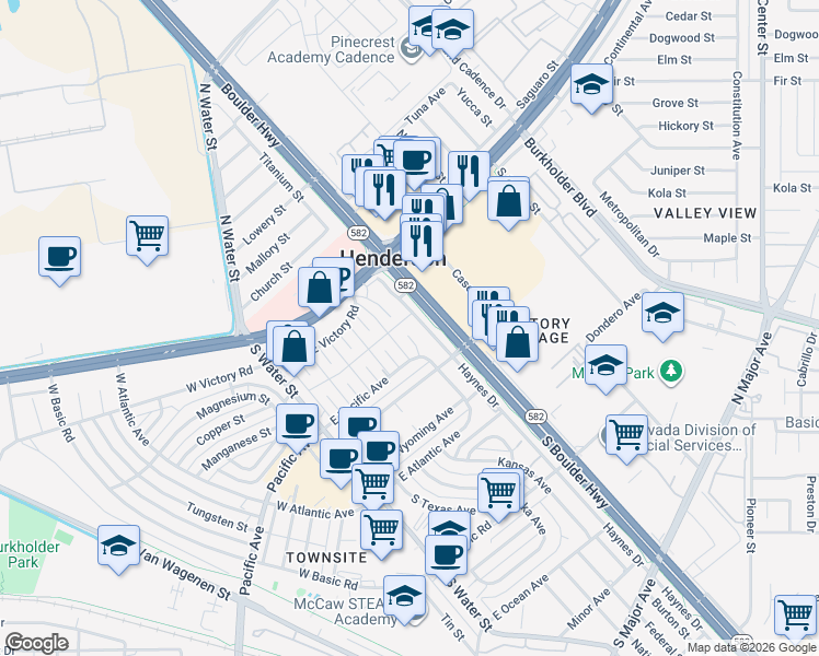 map of restaurants, bars, coffee shops, grocery stores, and more near 19 Arizona Way in Henderson