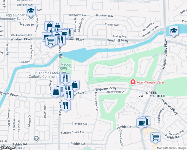 map of restaurants, bars, coffee shops, grocery stores, and more near 2498 Ram Crossing Way in Henderson