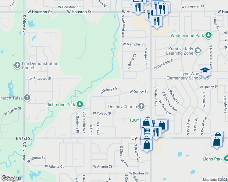 map of restaurants, bars, coffee shops, grocery stores, and more near 2507 West Quincy Circle in Broken Arrow