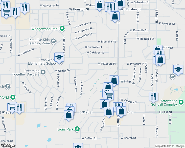 map of restaurants, bars, coffee shops, grocery stores, and more near 1012 West San Antonio Street in Broken Arrow