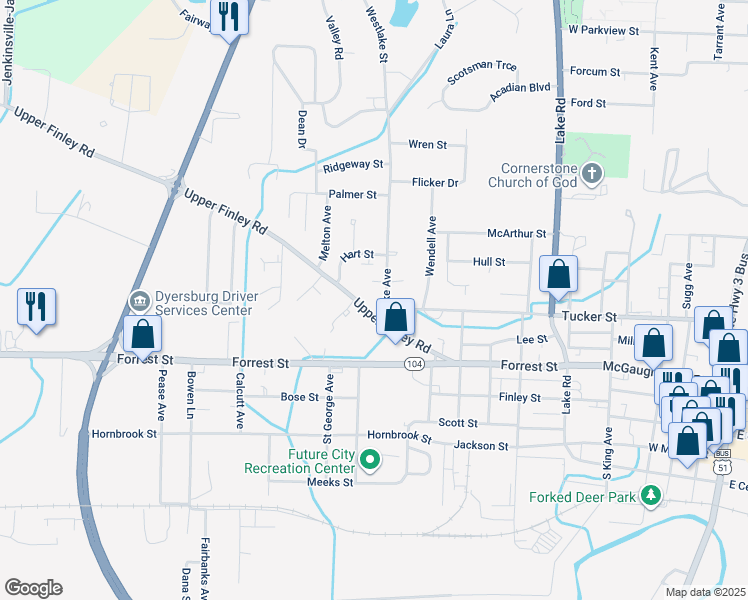 map of restaurants, bars, coffee shops, grocery stores, and more near 1110 Upper Finley Road in Dyersburg