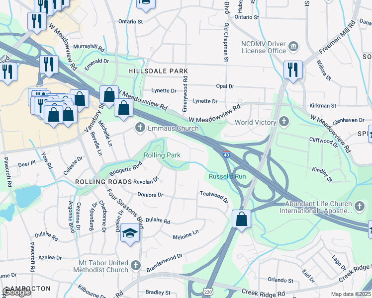 map of restaurants, bars, coffee shops, grocery stores, and more near 2100 Cheltenham Boulevard in Greensboro