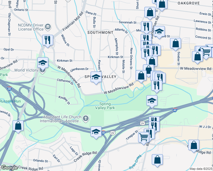 map of restaurants, bars, coffee shops, grocery stores, and more near 2507 Kersey Street in Greensboro