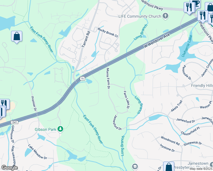 map of restaurants, bars, coffee shops, grocery stores, and more near 2409 Riverbend Road in Jamestown