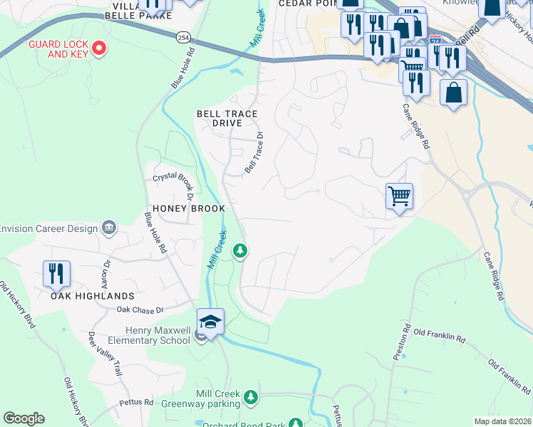 map of restaurants, bars, coffee shops, grocery stores, and more near 6037 Rivendell Court in Nashville