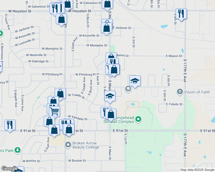 map of restaurants, bars, coffee shops, grocery stores, and more near 1625 South Ash Avenue in Broken Arrow