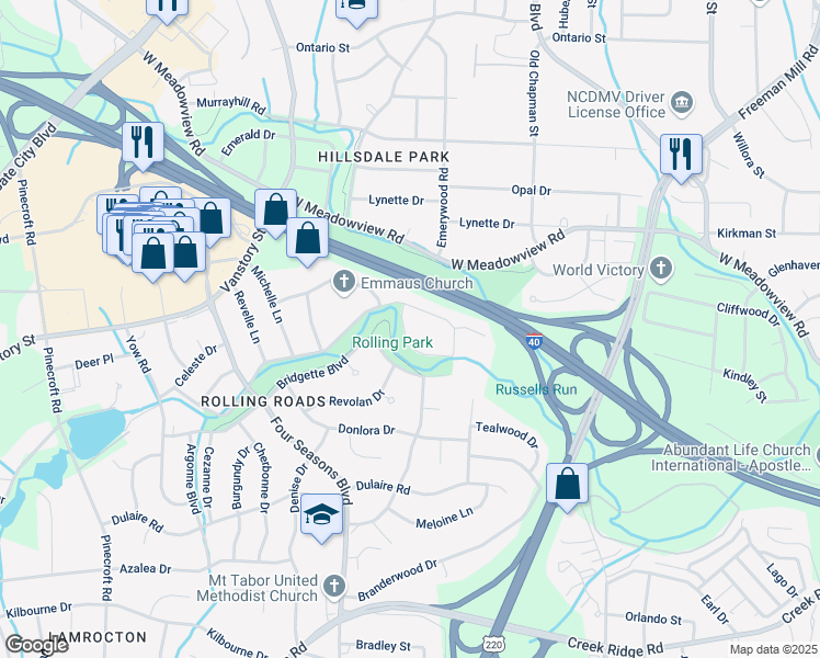map of restaurants, bars, coffee shops, grocery stores, and more near 2014 Lionne Drive in Greensboro