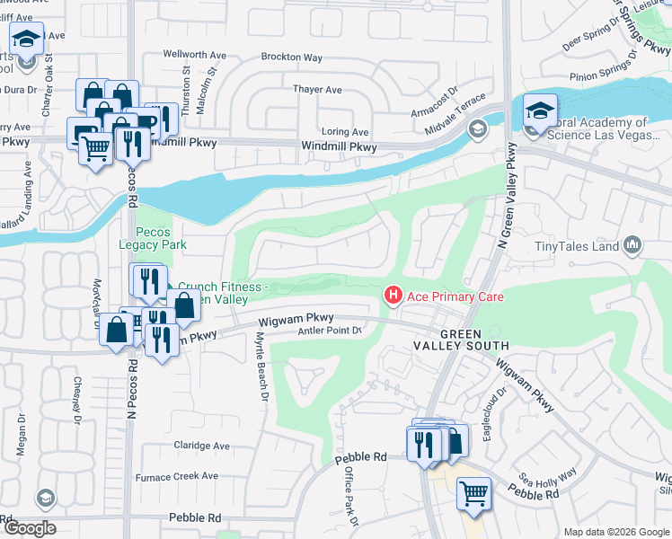 map of restaurants, bars, coffee shops, grocery stores, and more near 2442 Ping Drive in Henderson