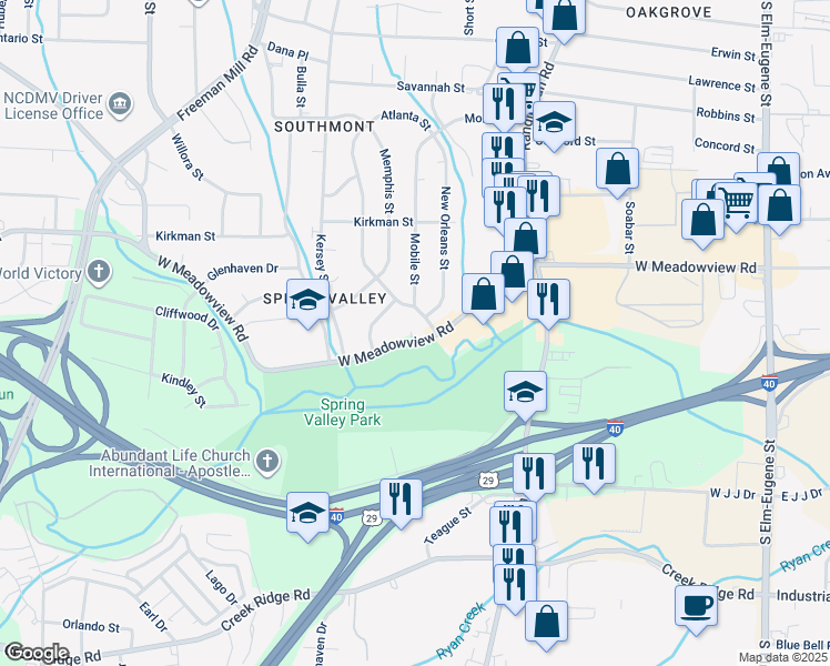 map of restaurants, bars, coffee shops, grocery stores, and more near 602 West Meadowview Road in Greensboro