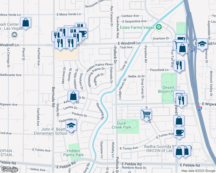 map of restaurants, bars, coffee shops, grocery stores, and more near 8399 Palmada Drive in Las Vegas