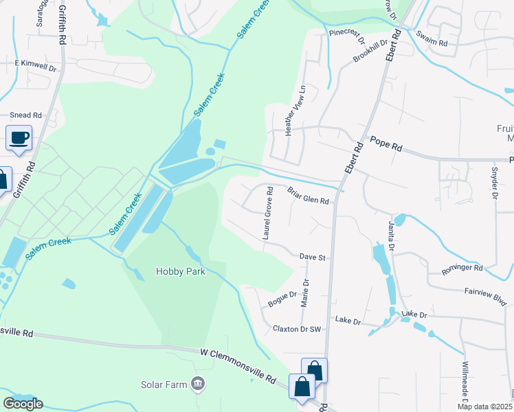 map of restaurants, bars, coffee shops, grocery stores, and more near 4005 Primrose Path in Winston-Salem